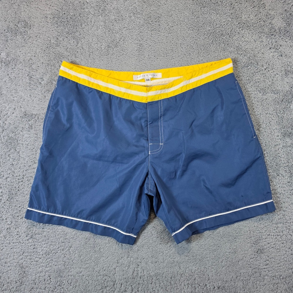 Parke & Ronen Swim Trunks Mens 34 Blue Yellow Striped Colorblock Board Shorts 6"